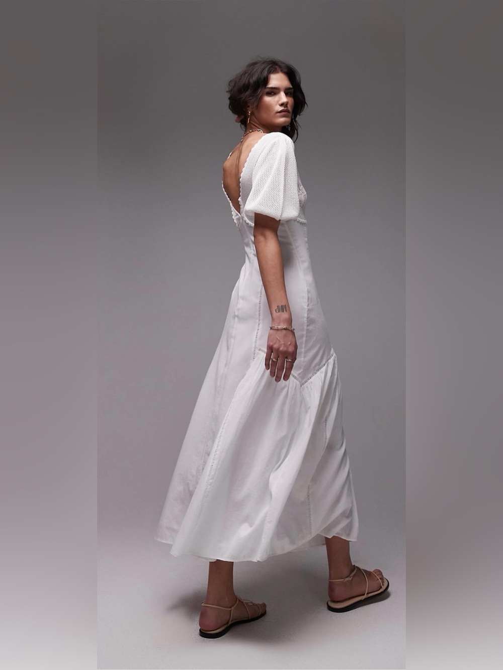 Topshop White Crochet Bust Puff Sleeve Midi Dress US 6 NWOT - Picture 3 of 9
